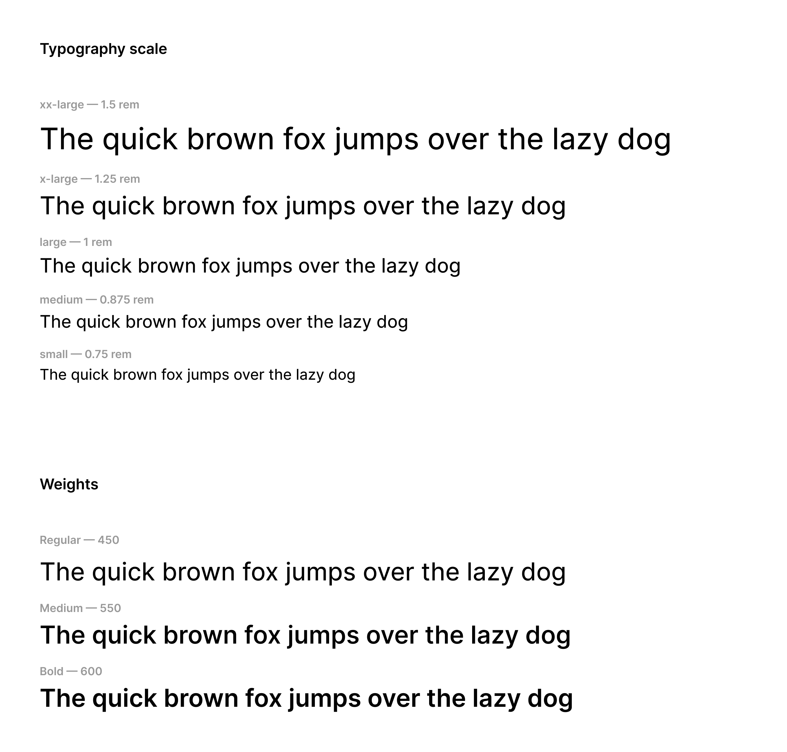 List of example texts with sizes from Watson and list of example text with font weights from Watson